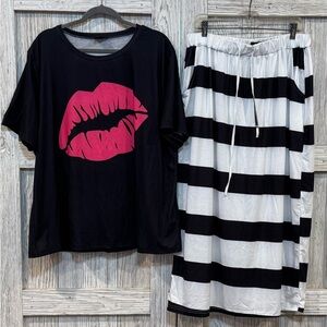 Rebel Raven Black Tee w/Pink Lips & Striped Skirt sz 2X shirt has some peeling